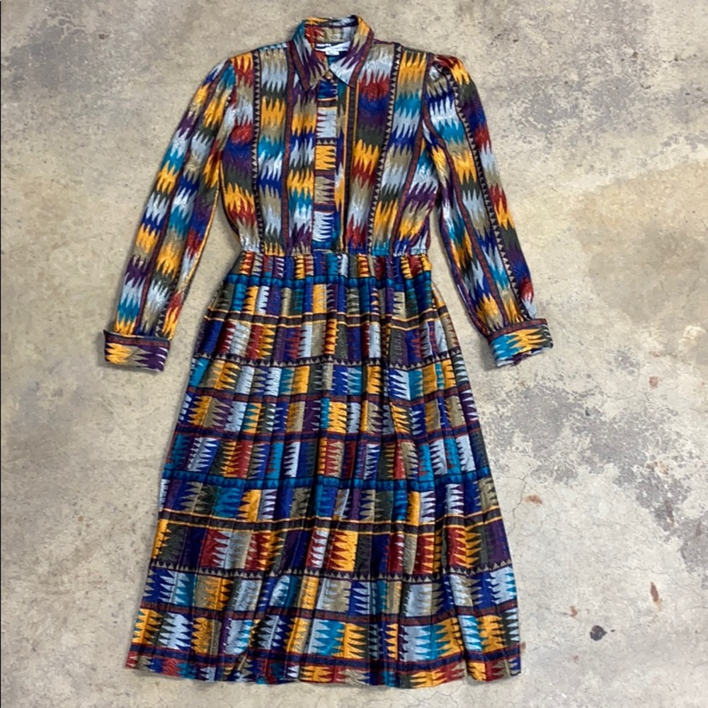 Vintage Fall Jewel Tone Zig Zag Shirtwaist Dress Hot Secretary